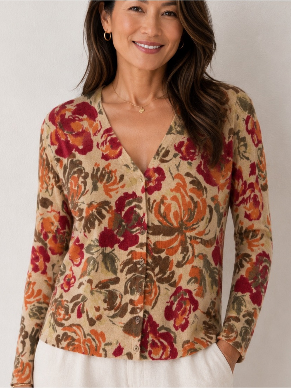 Carole Little Lambswool Angora rabbit hair Beige Floral V-Neck Cardigan M